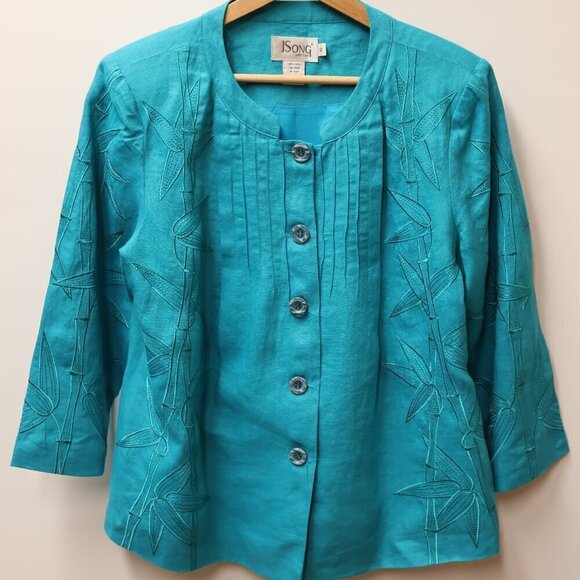 J Song 100% Linen Jacket Embroidery 3/4 Sleeves Button Up No Collar Size 10 - Picture 6 of 15